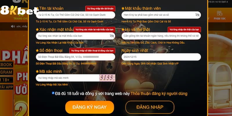 Những thông tin cần điền chính xác khi đăng ký 8KBET